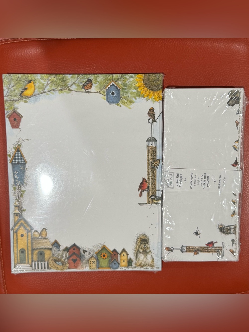 Birdhouse & Sunflower Stationery Set - White with Yellow, Green, Red Accents